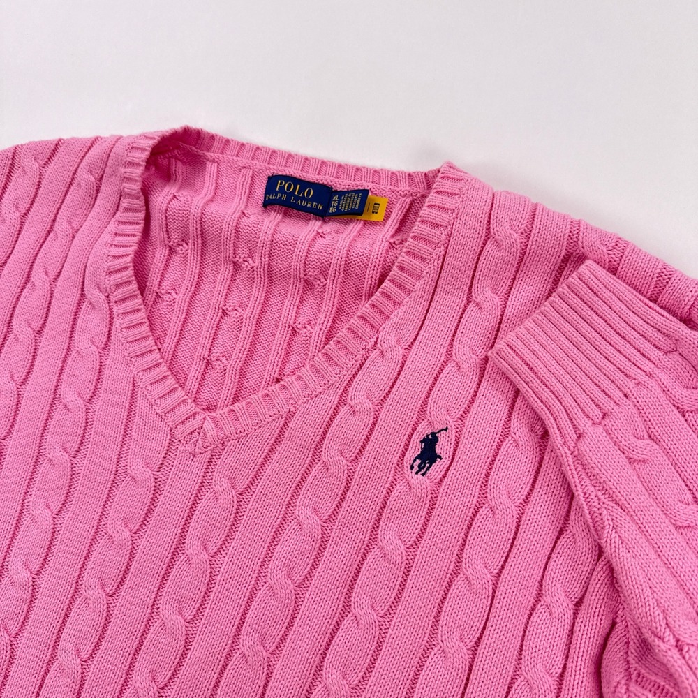 Polo Ralph Lauren Cable Knit V Neck Sweater Womens XL Pink Crop Fit Pullover